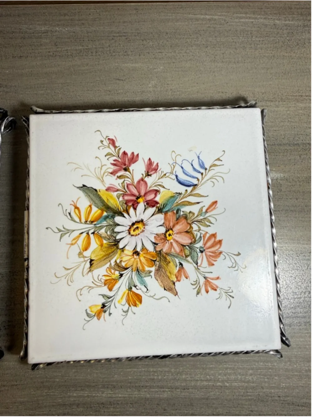 Vtg Italian Ceramic Tile Trivets 6”x6” Set Hand Painted Floral sig A.Z. Noye MCM